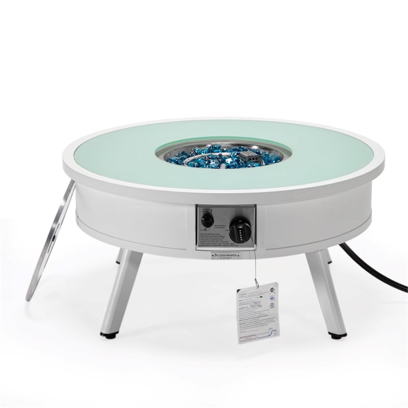 Leisuremod Walbrooke Round Patio Fire Pit Table with Aluminum Frame White