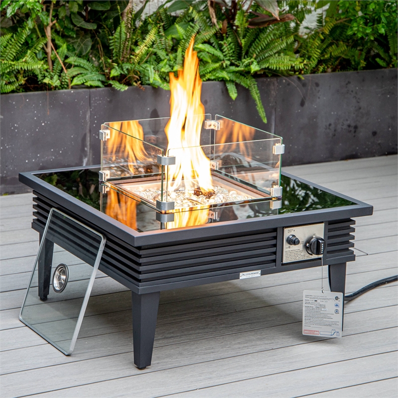 LeisureMod Walbrooke Square Patio Aluminum Fire Pit Table and Tank Holder Black