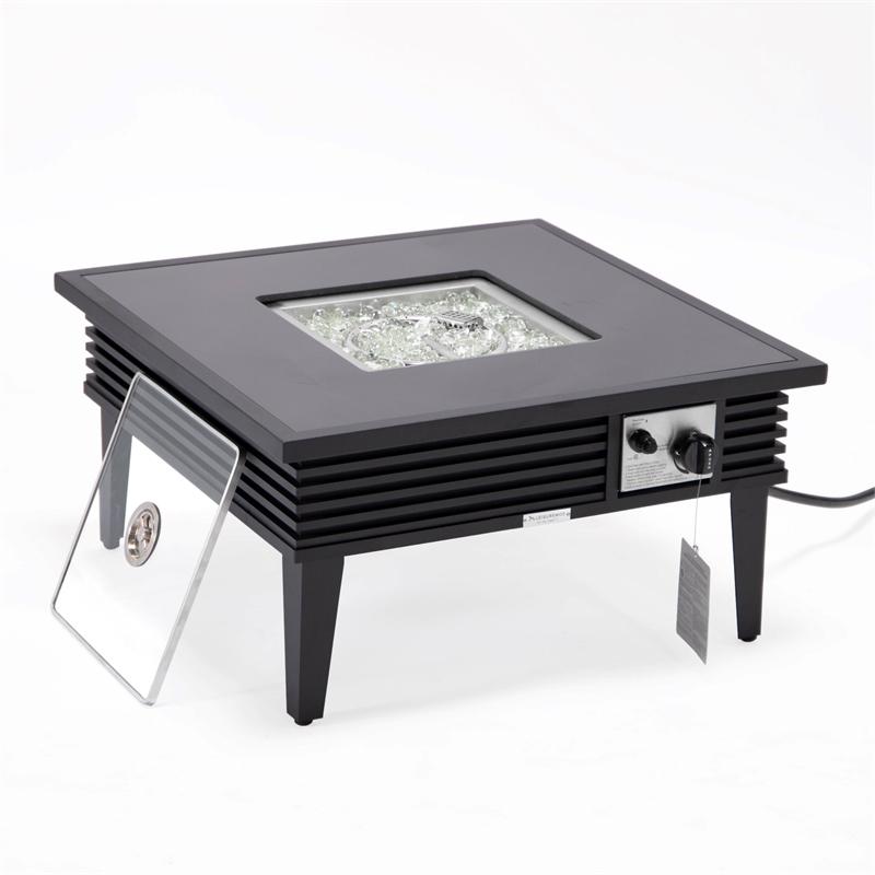LeisureMod Walbrooke Square Patio Aluminum Fire Pit Table and Tank Holder Black