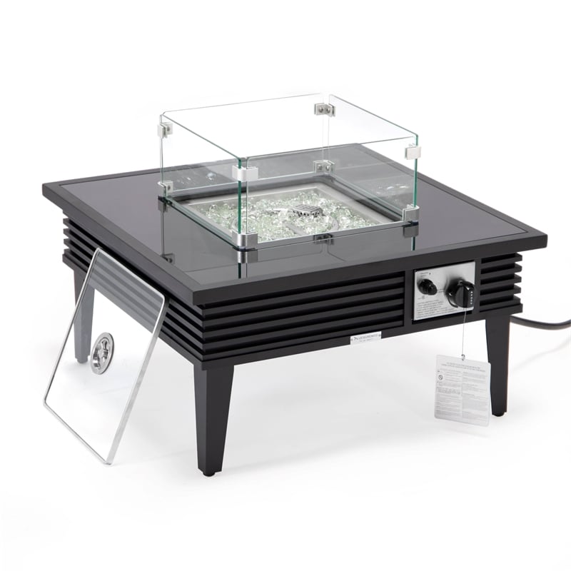 LeisureMod Walbrooke Square Patio Aluminum Fire Pit Table and Tank Holder Black