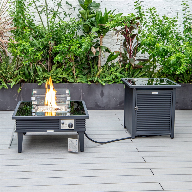 LeisureMod Walbrooke Square Patio Aluminum Fire Pit Table and Tank Holder Black