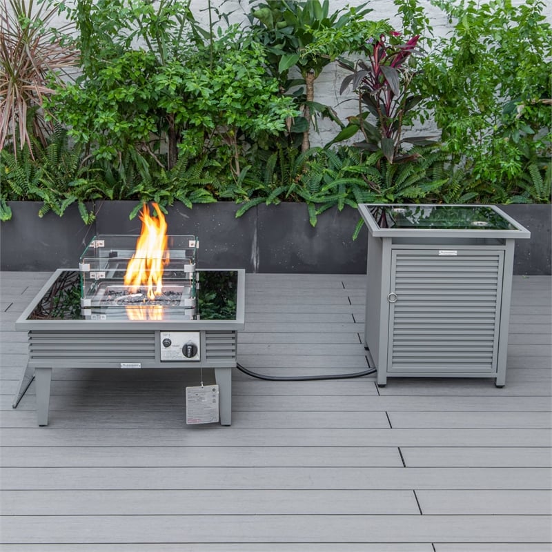 LeisureMod Walbrooke Square Patio Aluminum Fire Pit Table and Tank Holder Gray