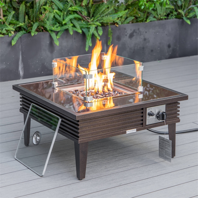 LeisureMod Walbrooke Square Patio Aluminum Fire Pit Table and Tank Holder Brown