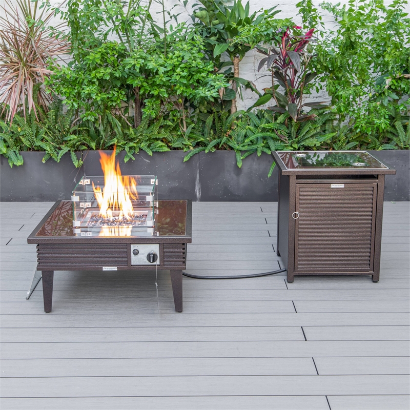LeisureMod Walbrooke Square Patio Aluminum Fire Pit Table and Tank Holder Brown