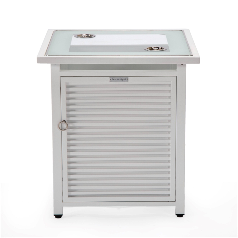 LeisureMod Walbrooke Square Patio Aluminum Fire Pit Table and Tank Holder White