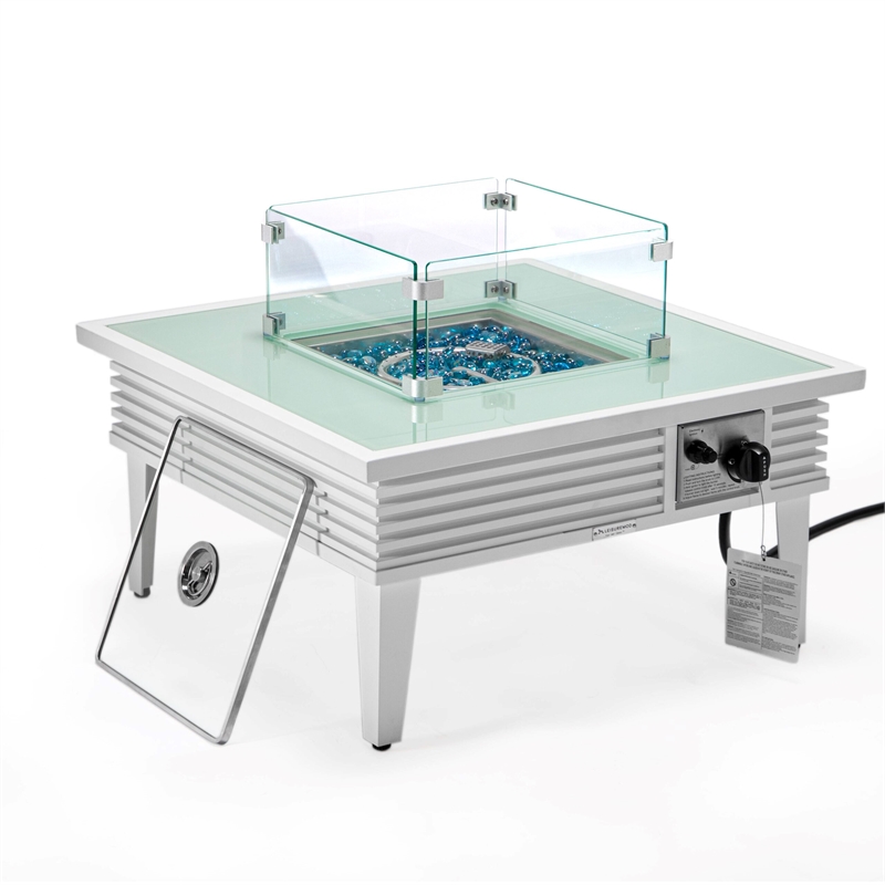 LeisureMod Walbrooke Square Patio Aluminum Fire Pit Table and Tank Holder White