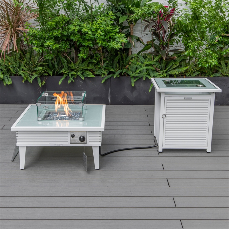 LeisureMod Walbrooke Square Patio Aluminum Fire Pit Table and Tank Holder White