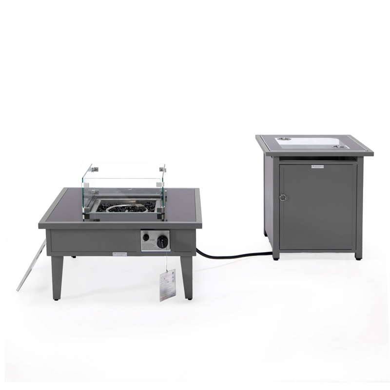 LeisureMod Walbrooke Square Patio Aluminum Fire Pit Table and Tank Holder Gray