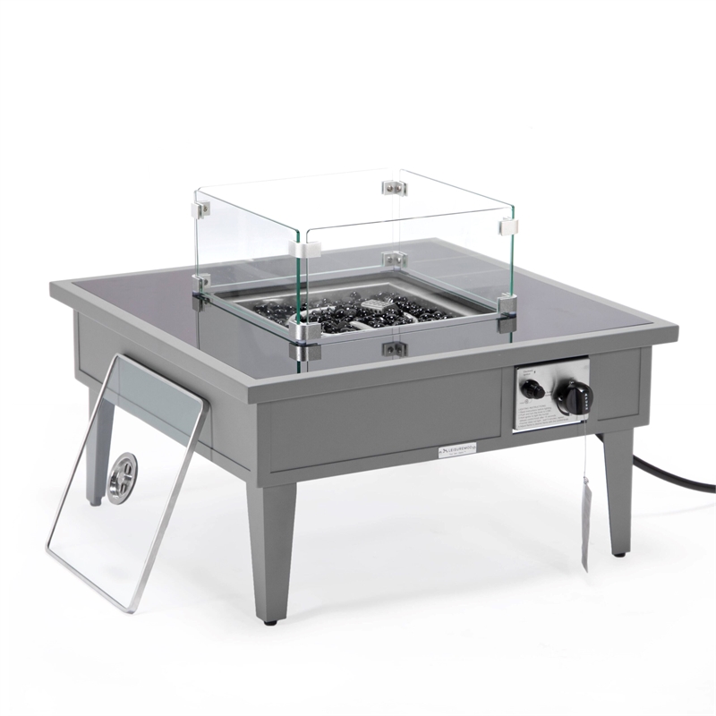 LeisureMod Walbrooke Square Patio Aluminum Fire Pit Table and Tank Holder Gray