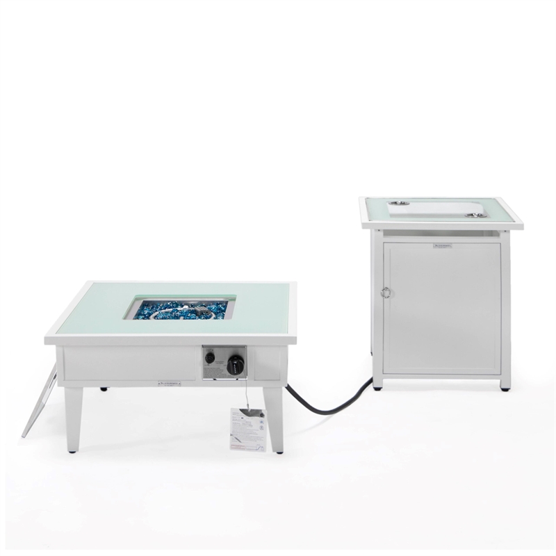 LeisureMod Walbrooke Square Patio Aluminum Fire Pit Table and Tank Holder White