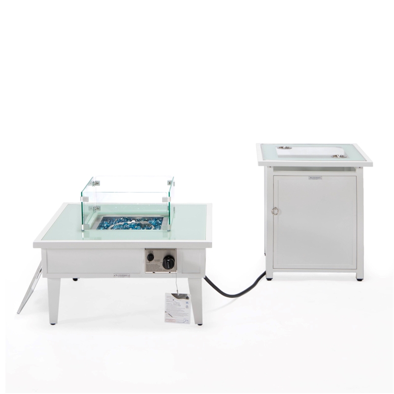 LeisureMod Walbrooke Square Patio Aluminum Fire Pit Table and Tank Holder White