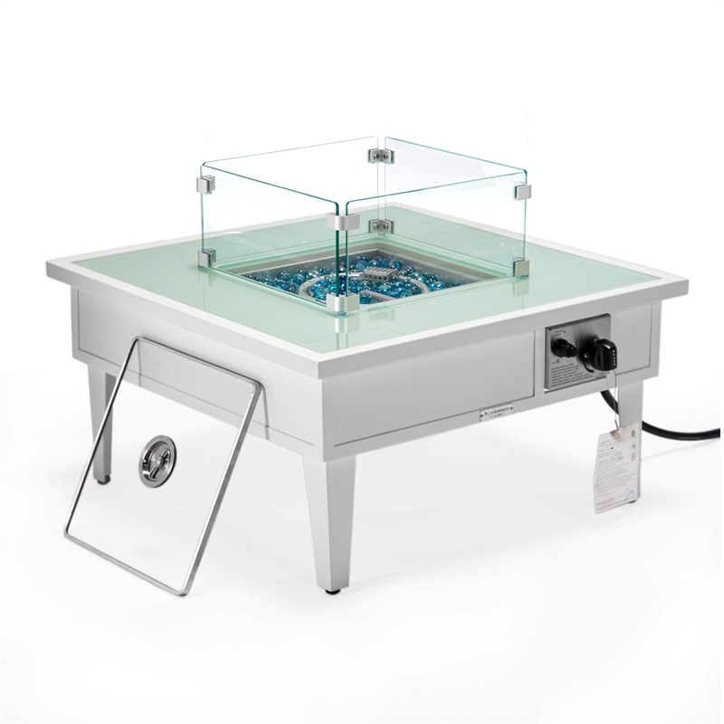 LeisureMod Walbrooke Square Patio Aluminum Fire Pit Table and Tank Holder White
