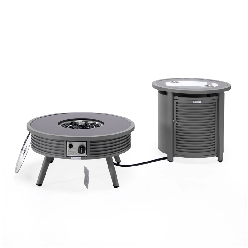 LeisureMod Walbrooke Round Patio Aluminum Fire Pit Table and Tank Holder Gray