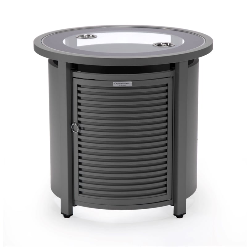 LeisureMod Walbrooke Round Patio Aluminum Fire Pit Table and Tank Holder Gray