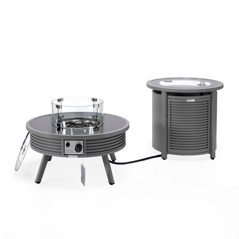 LeisureMod Walbrooke Round Patio Aluminum Fire Pit Table and Tank Holder Gray