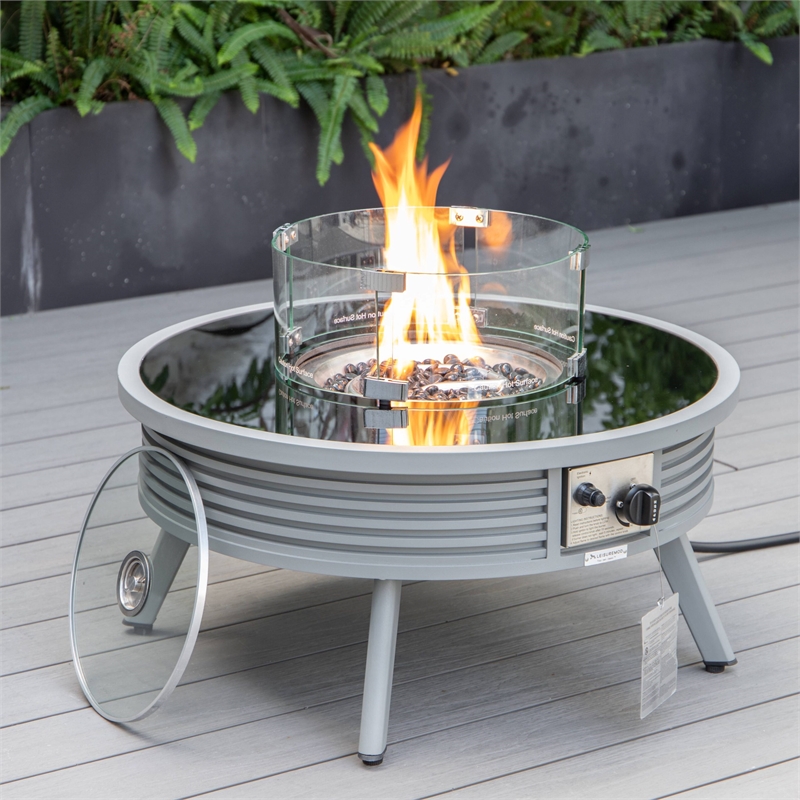 LeisureMod Walbrooke Round Patio Aluminum Fire Pit Table and Tank Holder Gray