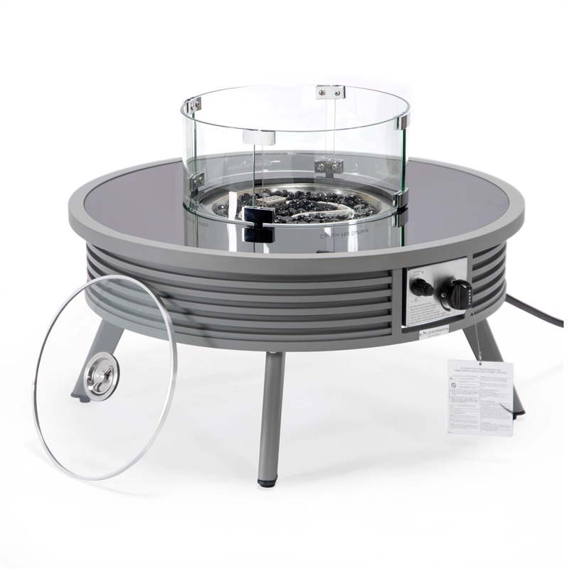 LeisureMod Walbrooke Round Patio Aluminum Fire Pit Table and Tank Holder Gray