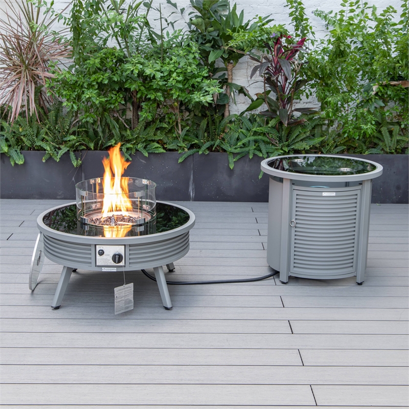 LeisureMod Walbrooke Round Patio Aluminum Fire Pit Table and Tank Holder Gray