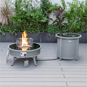 LeisureMod Walbrooke Round Patio Aluminum Fire Pit Table and Tank Holder Gray