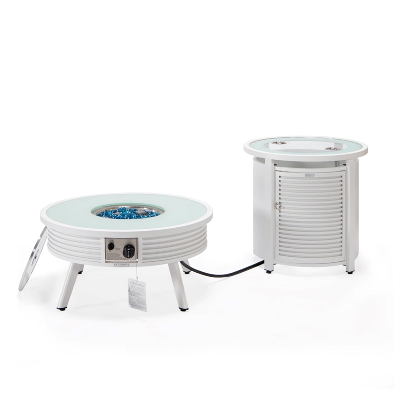 LeisureMod Walbrooke Round Patio Aluminum Fire Pit Table and Tank Holder White
