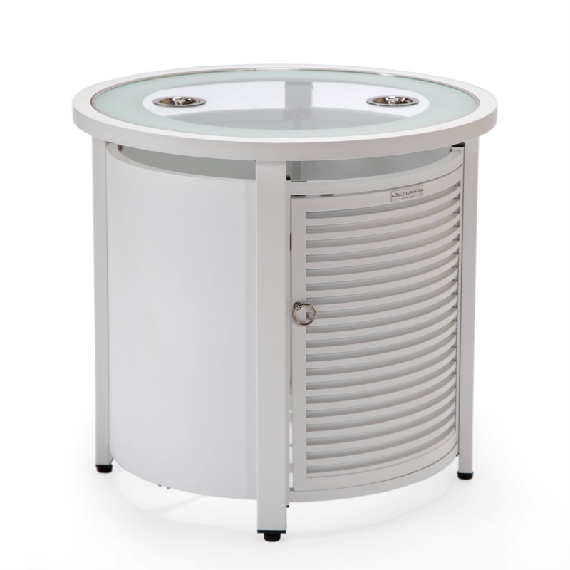 LeisureMod Walbrooke Round Patio Aluminum Fire Pit Table and Tank Holder White