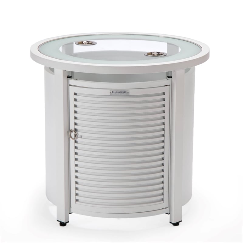 LeisureMod Walbrooke Round Patio Aluminum Fire Pit Table and Tank Holder White