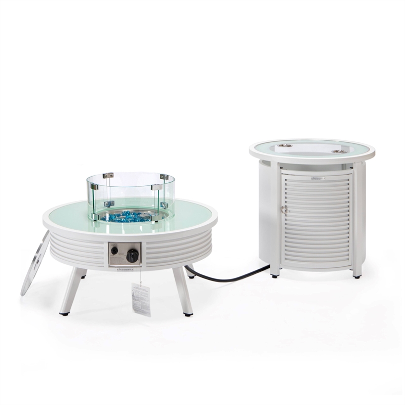 LeisureMod Walbrooke Round Patio Aluminum Fire Pit Table and Tank Holder White