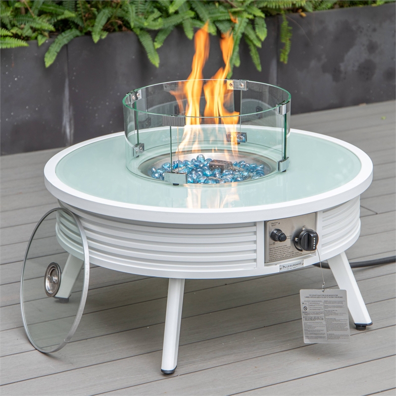 LeisureMod Walbrooke Round Patio Aluminum Fire Pit Table and Tank Holder White