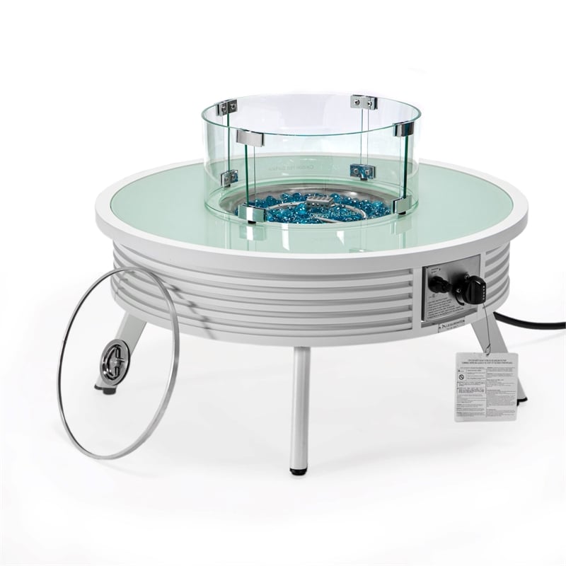 LeisureMod Walbrooke Round Patio Aluminum Fire Pit Table and Tank Holder White