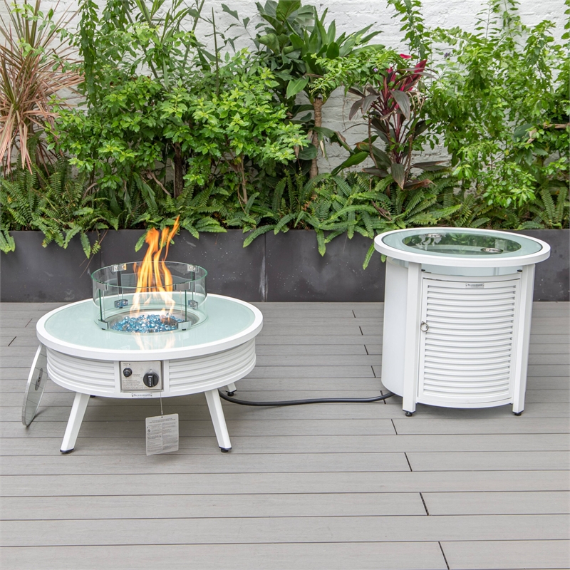 LeisureMod Walbrooke Round Patio Aluminum Fire Pit Table and Tank Holder White