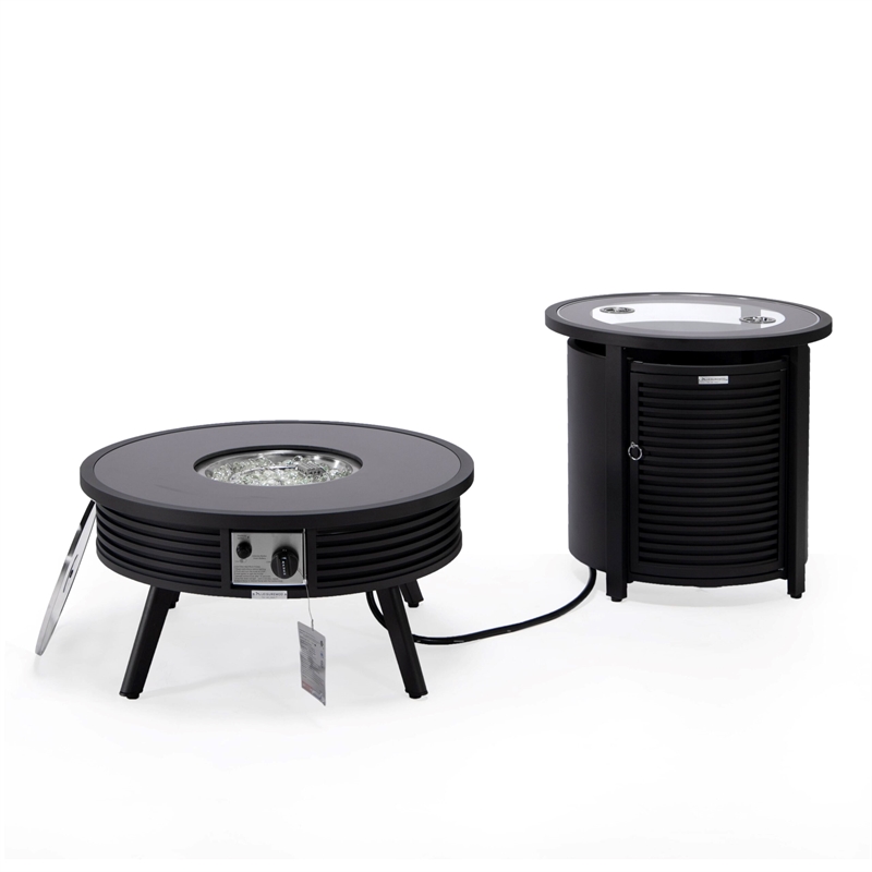 LeisureMod Walbrooke Round Patio Aluminum Fire Pit Table and Tank Holder Black