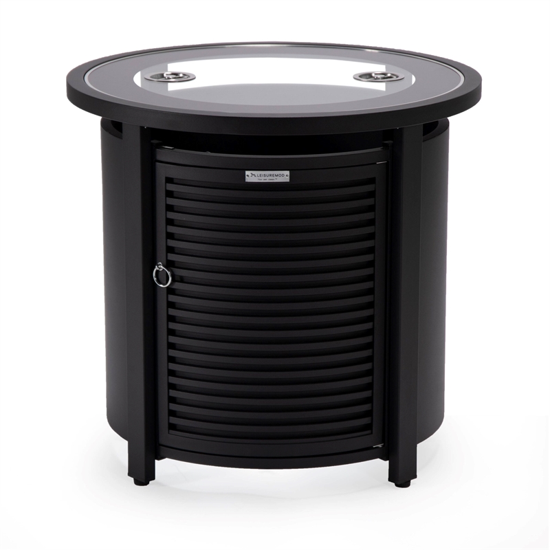 LeisureMod Walbrooke Round Patio Aluminum Fire Pit Table and Tank Holder Black