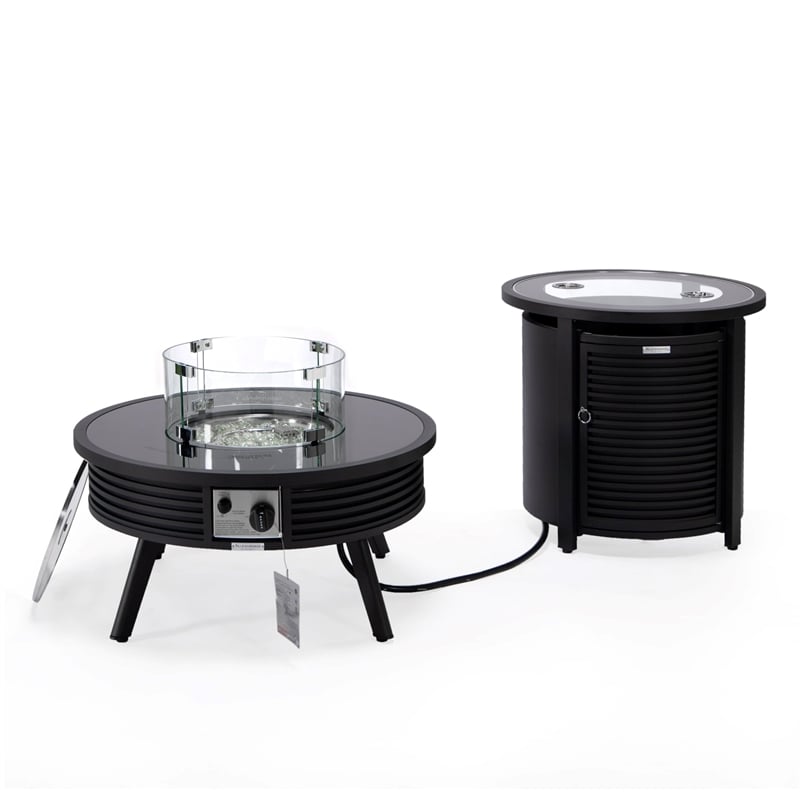 LeisureMod Walbrooke Round Patio Aluminum Fire Pit Table and Tank Holder Black