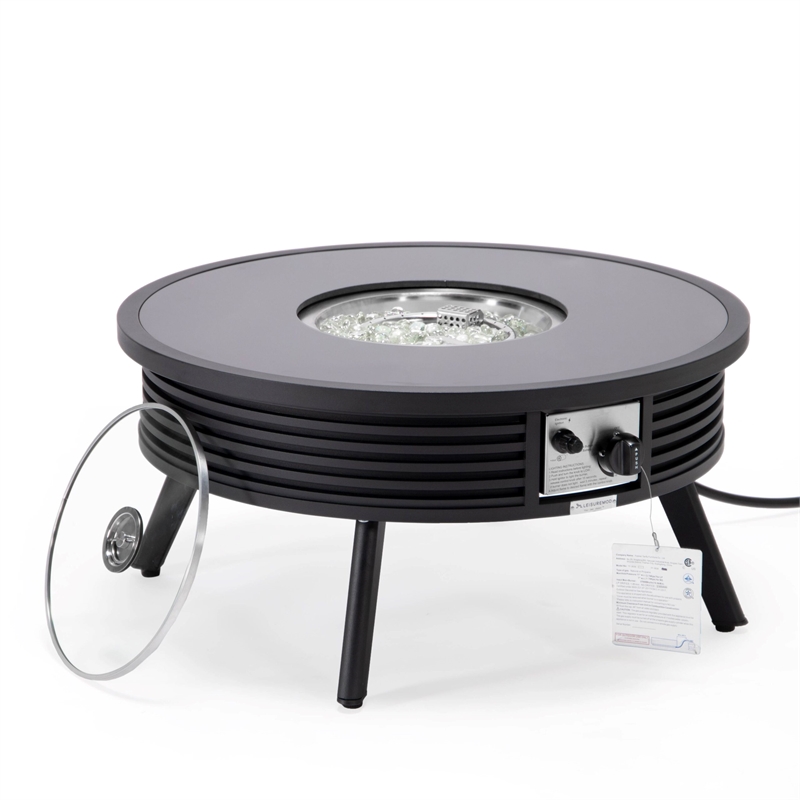 LeisureMod Walbrooke Round Patio Aluminum Fire Pit Table and Tank Holder Black