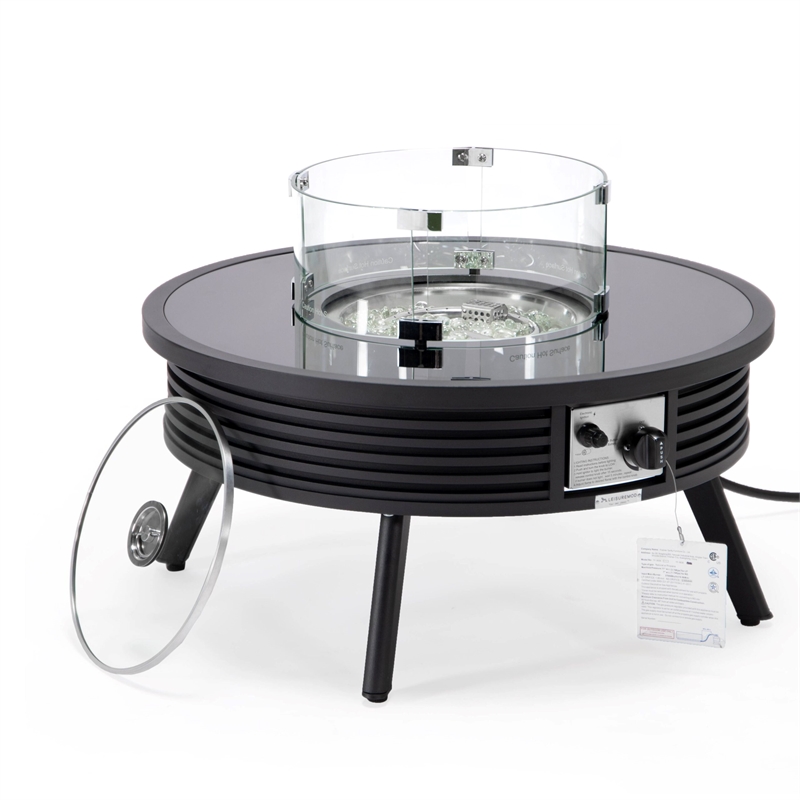 LeisureMod Walbrooke Round Patio Aluminum Fire Pit Table and Tank Holder Black