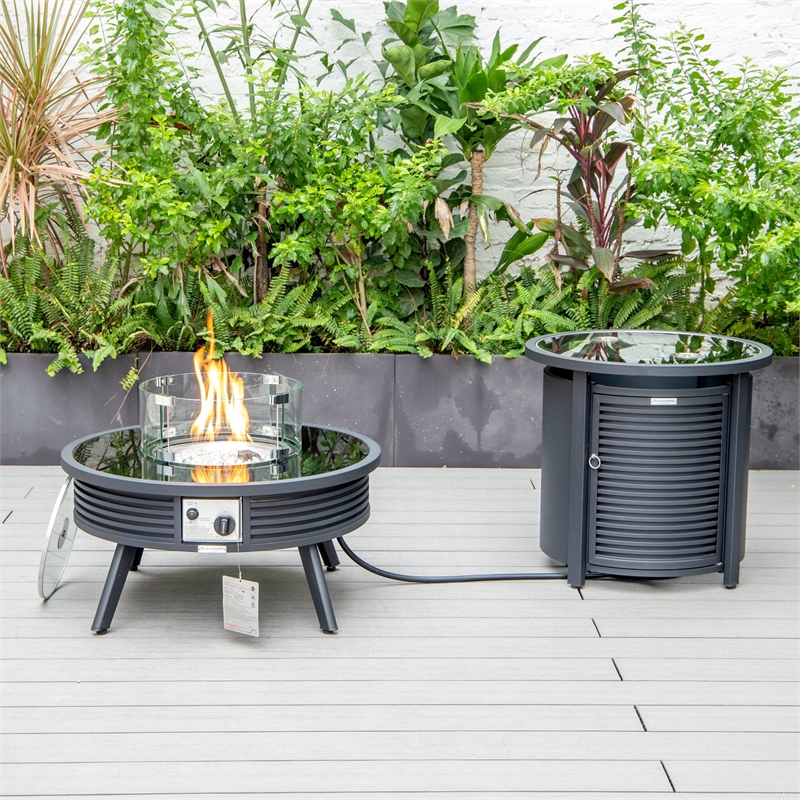 LeisureMod Walbrooke Round Patio Aluminum Fire Pit Table and Tank Holder Black