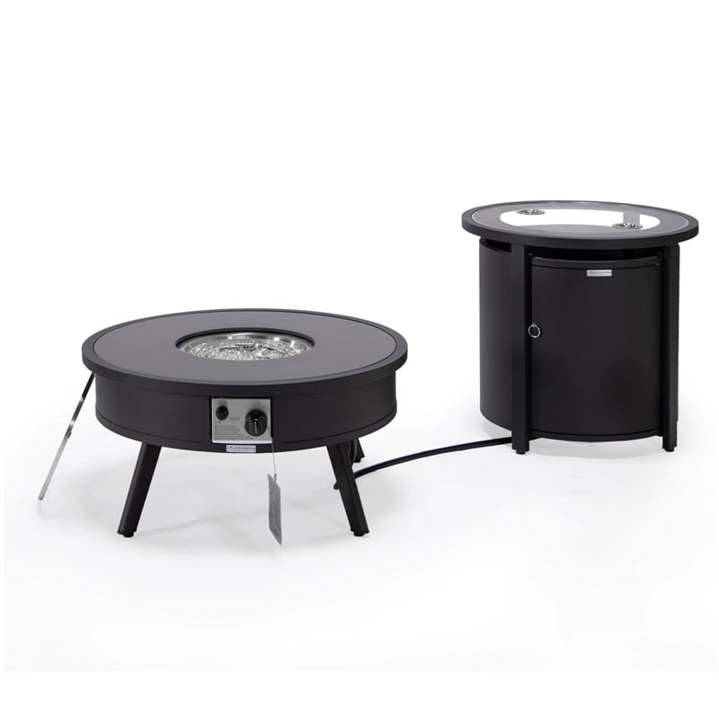 LeisureMod Walbrooke Round Patio Aluminum Fire Pit Table and Tank Holder Black