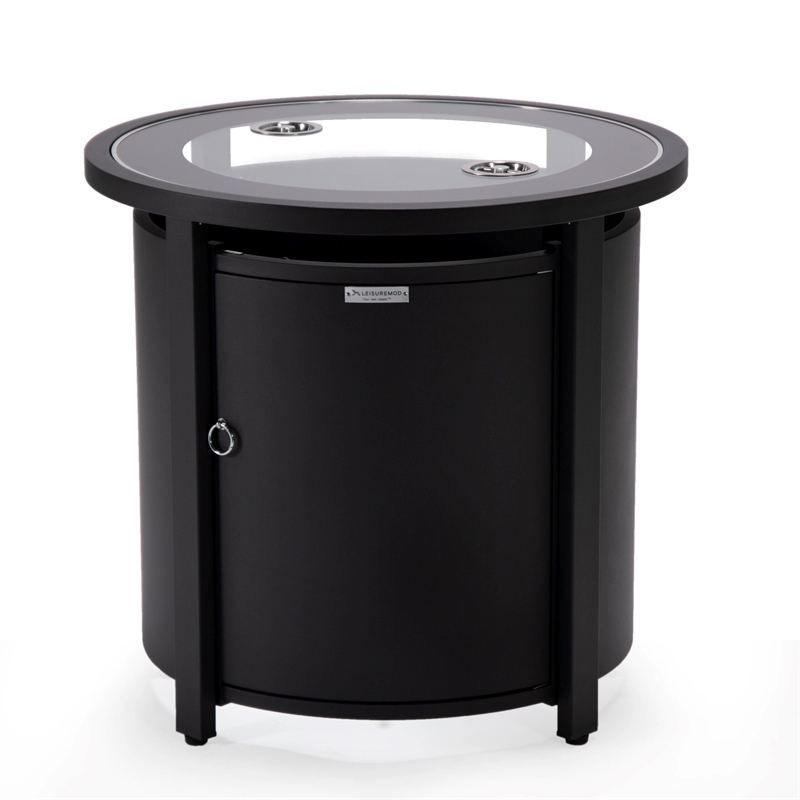 LeisureMod Walbrooke Round Patio Aluminum Fire Pit Table and Tank Holder Black
