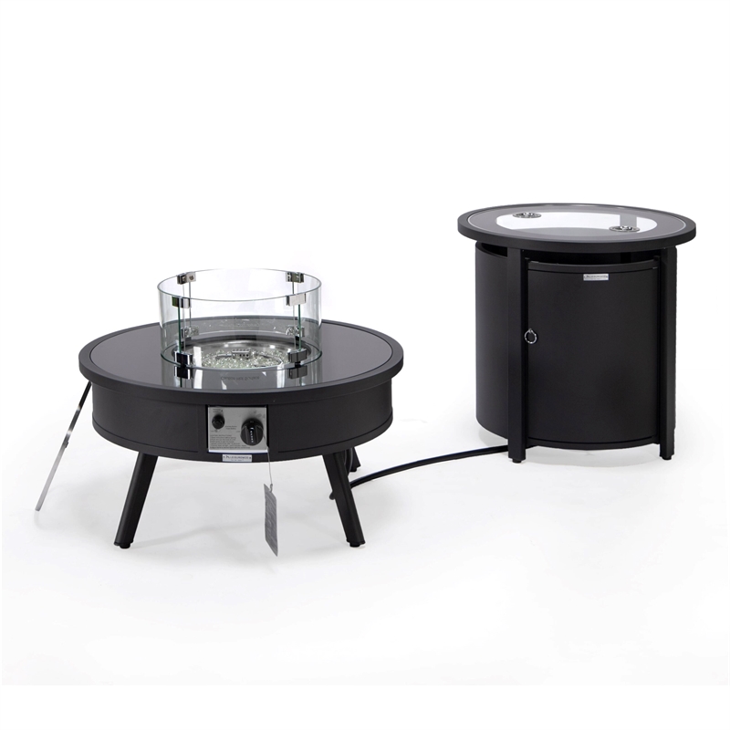 LeisureMod Walbrooke Round Patio Aluminum Fire Pit Table and Tank Holder Black