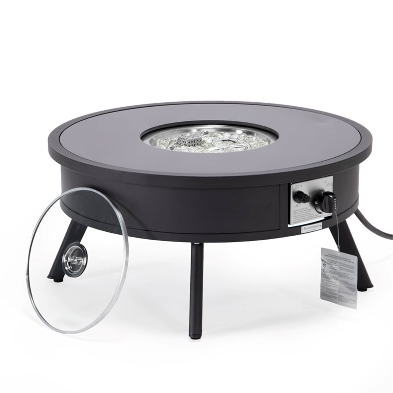 LeisureMod Walbrooke Round Patio Aluminum Fire Pit Table and Tank Holder Black