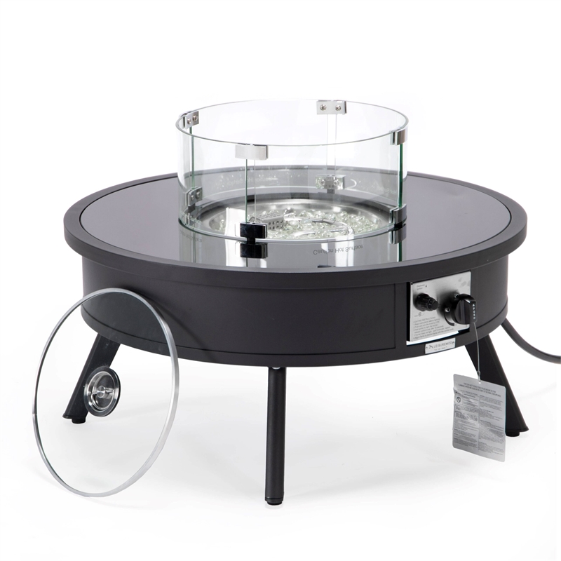 LeisureMod Walbrooke Round Patio Aluminum Fire Pit Table and Tank Holder Black