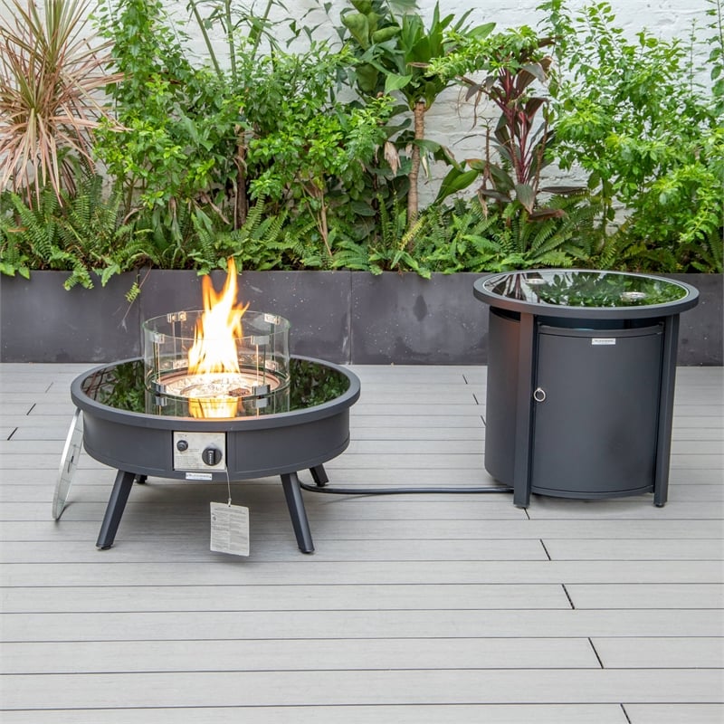 LeisureMod Walbrooke Round Patio Aluminum Fire Pit Table and Tank Holder Black