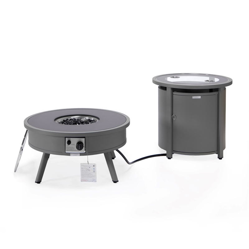 LeisureMod Walbrooke Round Patio Aluminum Fire Pit Table and Tank Holder Gray