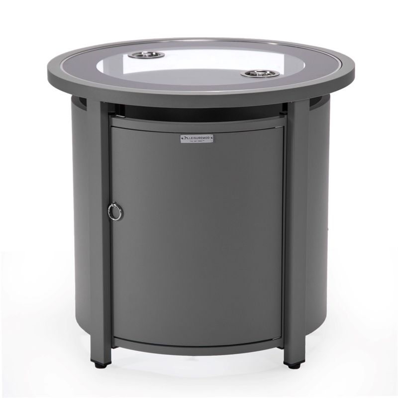LeisureMod Walbrooke Round Patio Aluminum Fire Pit Table and Tank Holder Gray