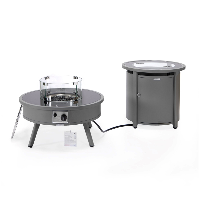 LeisureMod Walbrooke Round Patio Aluminum Fire Pit Table and Tank Holder Gray