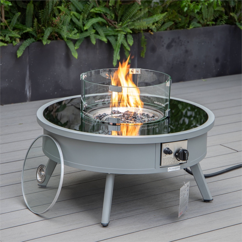 LeisureMod Walbrooke Round Patio Aluminum Fire Pit Table and Tank Holder Gray