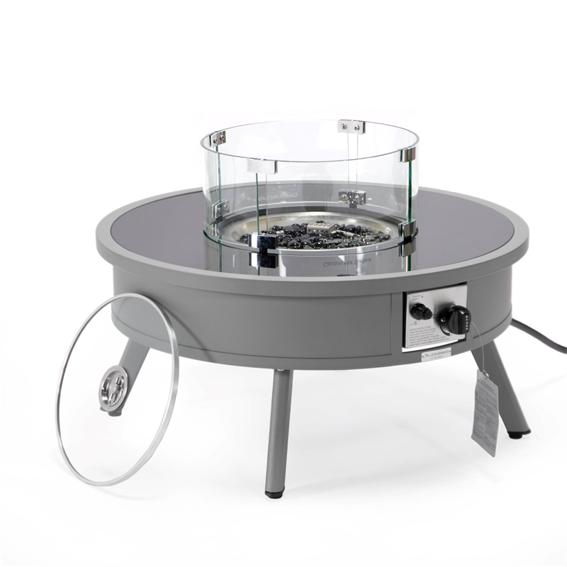 LeisureMod Walbrooke Round Patio Aluminum Fire Pit Table and Tank Holder Gray