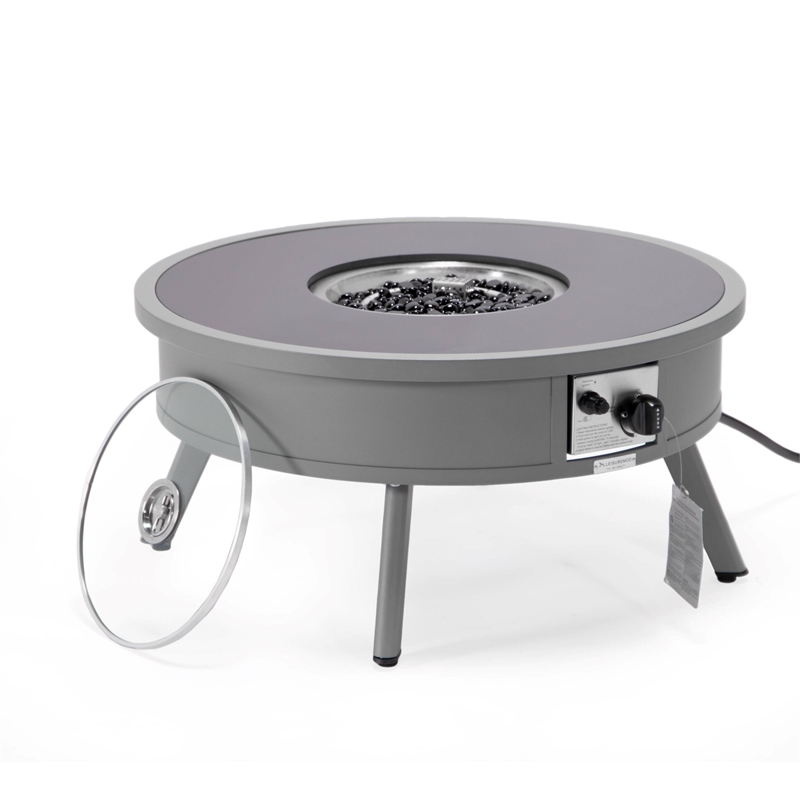 LeisureMod Walbrooke Round Patio Aluminum Fire Pit Table and Tank Holder Gray