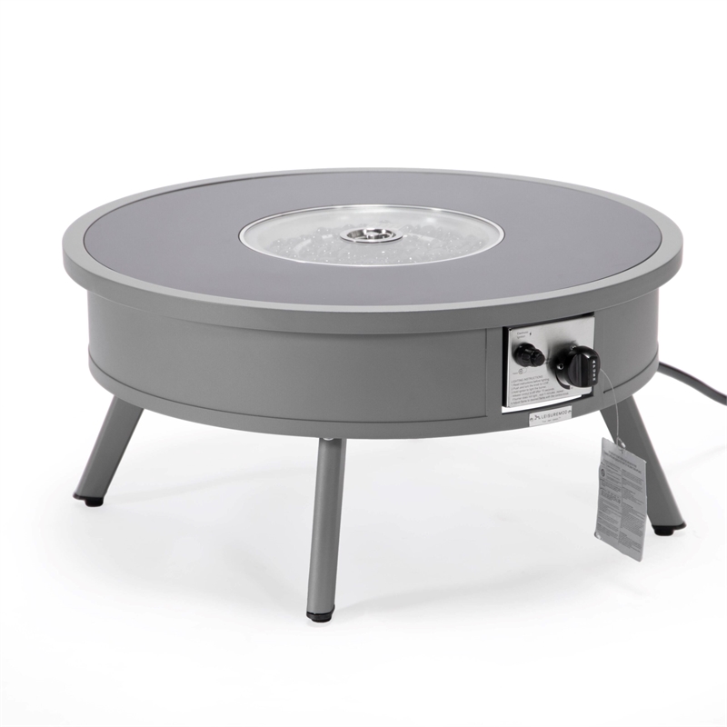 LeisureMod Walbrooke Round Patio Aluminum Fire Pit Table and Tank Holder Gray