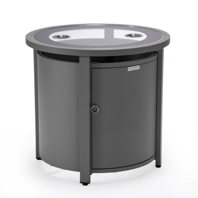 LeisureMod Walbrooke Round Patio Aluminum Fire Pit Table and Tank Holder Gray
